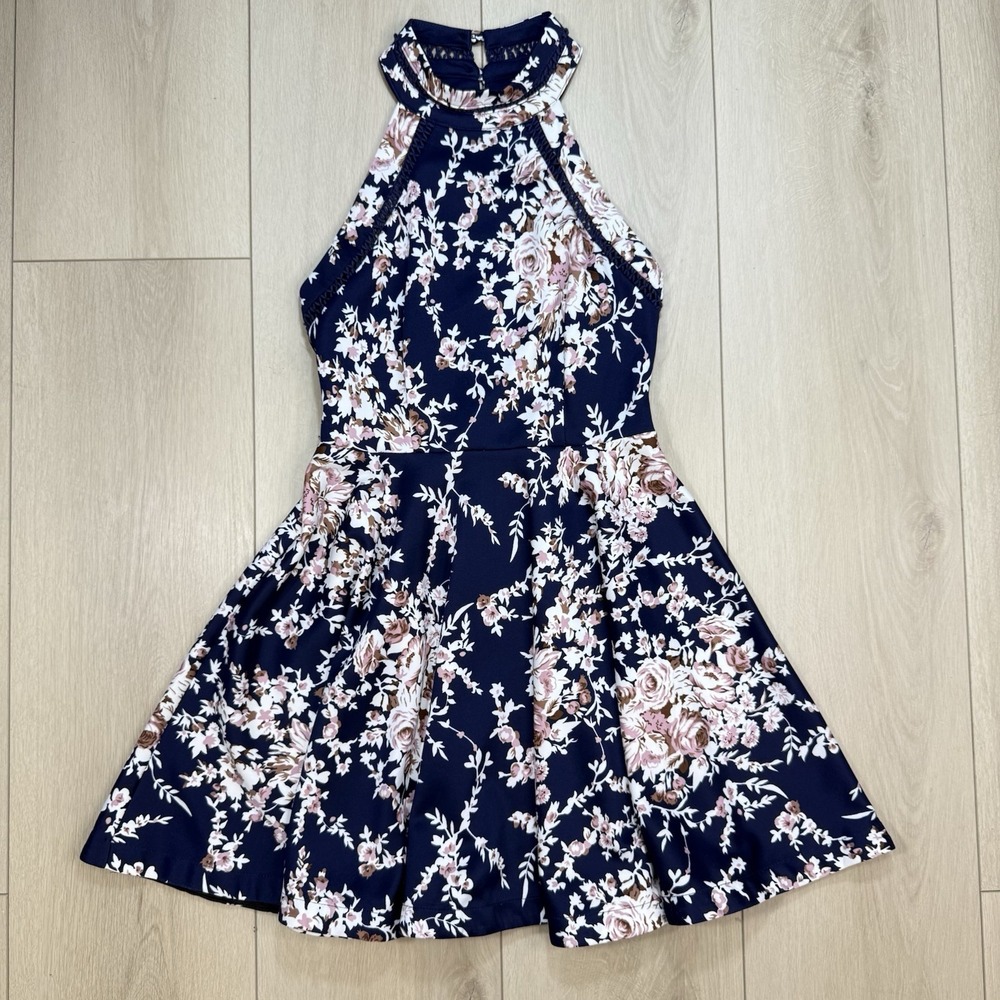 B Darlin Navy Floral Halter Fit Flare Dress Juniors 11/12 Lined Zip Back!!